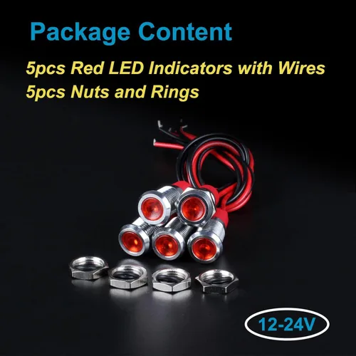 Miniatura 6 de 5Pcs 12V-24V Luz indicadora LED de ahorro de energía Montaje de orificio 8mm (1/3") 20mA Señal de lámpara de cabeza plana ancha impermeable piloto