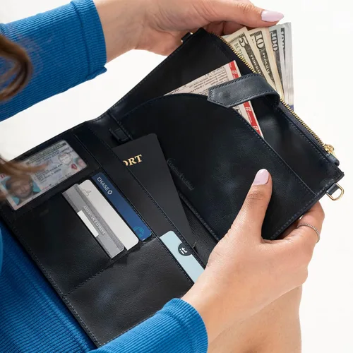 Miniatura 3 de Cartera de cuero genuino para mujer con protección RFID, cartera plegable para teléfono celular, con cremallera, diseño delgado, con múltiples