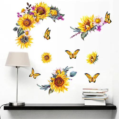 Miniatura 7 de Calcomanías de pared de girasol de acuarela, creativas calcomanías de pared de flores amarillas 3D, calcomanías de mariposa de sol para despegar