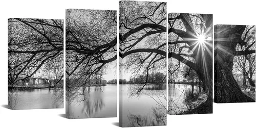 sechars - 5 piezas de arte de pared, diseño de árbol viejo por lago, pintura de amanecer, paisaje blanco y negro, decoración moderna de pared,