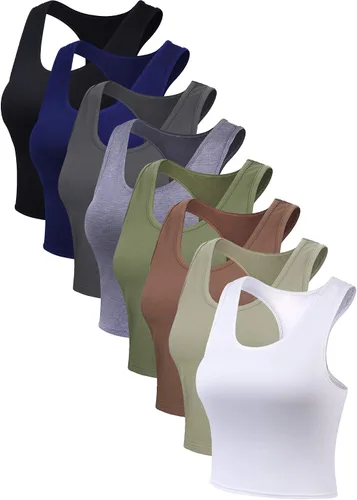 Miniatura 3 de Geyoga 8 Pcs Women Basic Crop Tank Tops Sleeveless Racerback Crop Cotton Top