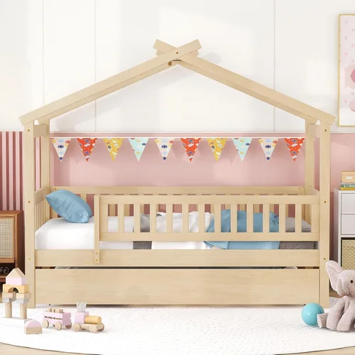 Miniatura 3 de Harper & Bright Designs Cama de madera con nido, marco de cama Platforn para niños de tamaño individual con rieles de valla y techo para niñas
