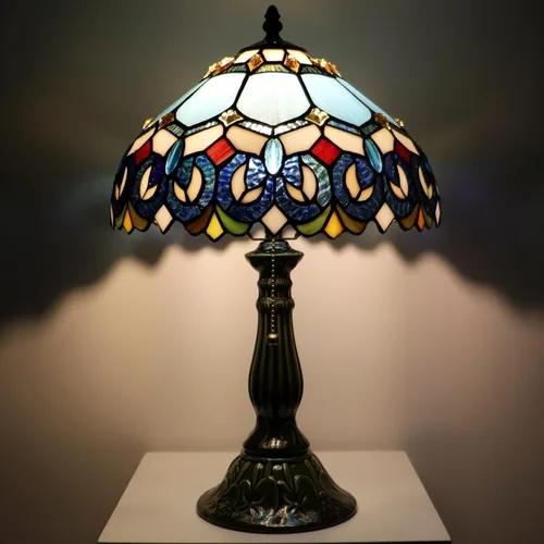 Miniatura 8 de Tiffany Lamp Stained Glass Table Lamps Blue Jewelry Baroque Style Desk Lamp 12X12X18.5 Inch Bronze Ceramic Base Reading Light Suitable for Bedside