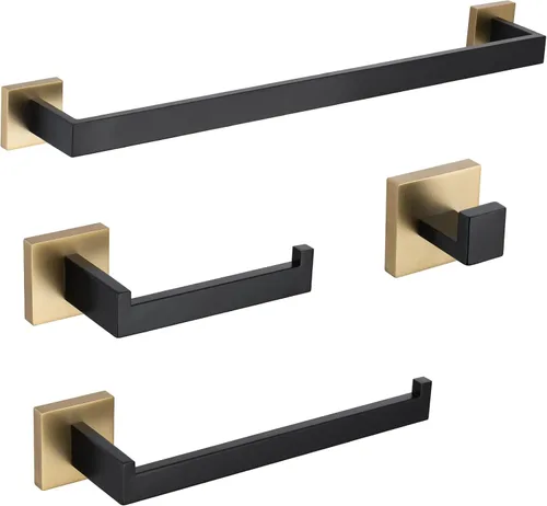 TURS Juego de 4 piezas de accesorios de baño negro y dorado cepillado, juego de accesorios de baño de acero inoxidable montado en la pared