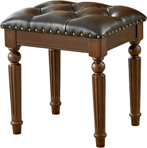 Miniatura 10 de Taburete de tocador con cojín de piel sintética blanca, pequeño asiento de cuero sintético con ribete de cabeza de clavo y diseño copetudo, patas