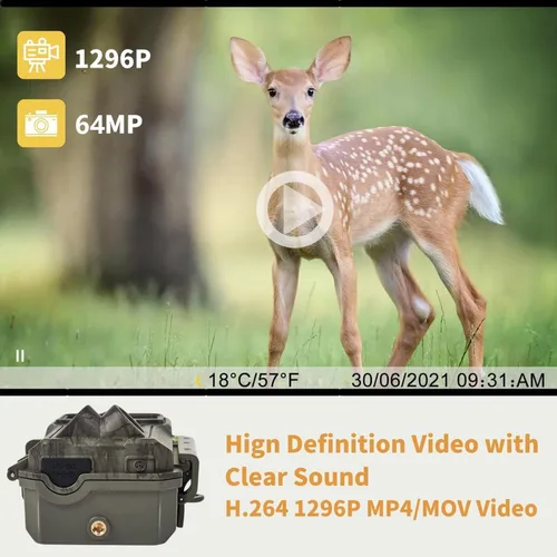 Miniatura 2 de BLAZEVIDEO Cámara WiFi Trail de 64MP 1296P HD con audio, 3 disparadores PIR activados por movimiento 0.1s y detección gran angular de 120°, visión