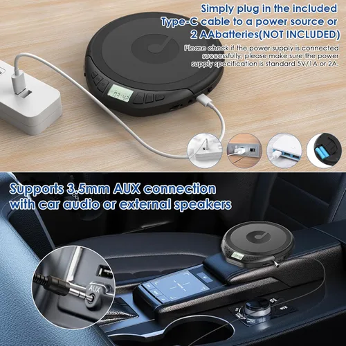 Miniatura 5 de Reproductor de CD Gueray: reproductor de CD portátil Dsicman: con auriculares para el coche con protección contra saltos y a prueba de golpes