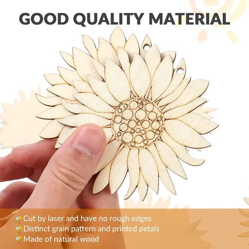 Miniatura 5 de 10 piezas de madera sin terminar con forma de girasol, piezas de discos de rebanadas para manualidades, decoración de primavera