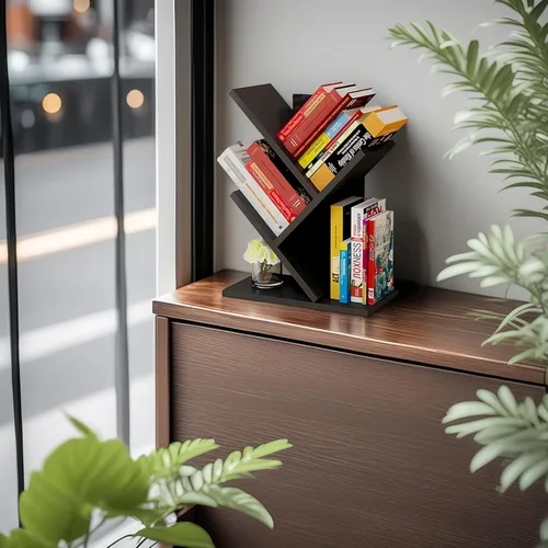 Miniatura 7 de Godferyxin Estantería de árbol, estantería pequeña de madera de 3 niveles y mini estantería para oficina, hogar o escuela, estante de escritorio