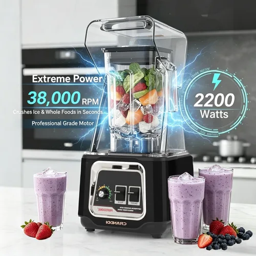 Miniatura 5 de CRANDDI Licuadora comercial, licuadoras de encimera de 2200 W con escudo extraíble, licuadora silenciosa para batidos y trituración de hielo, Negro