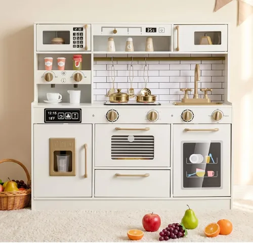 Miniatura 11 de INFANS Juego de cocina para niños, cocina de madera con sonido ligero realista, juguete de cocina para niños y niñas mayores de 3 años (blanco)