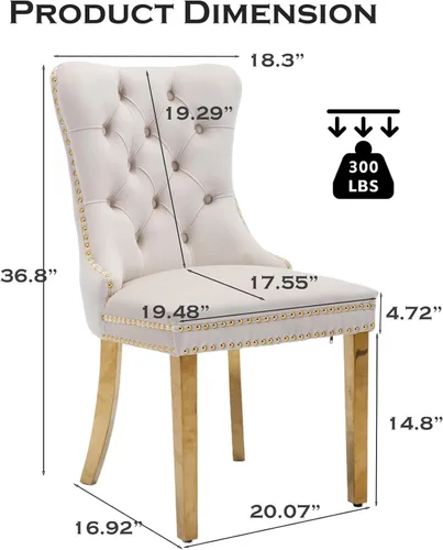 Miniatura 6 de Juego de 2 sillas de comedor de terciopelo tapizadas con acolchado y borde con cabeza de clavo y patas doradas de acero inoxidable para cocina, Beige