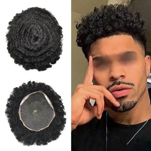 Miniatura 13 de Pelucas afro rizadas para hombre, con encaje francés, de 10 x 8 pulgadas, completamente transparente, de repuesto, sistema de cabello humano rizado