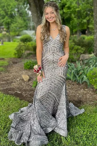 Miniatura 5 de Vestido de fiesta de sirena con lentejuelas brillantes, cuello en V profundo, espalda descubierta, vestidos de fiesta formales con tren