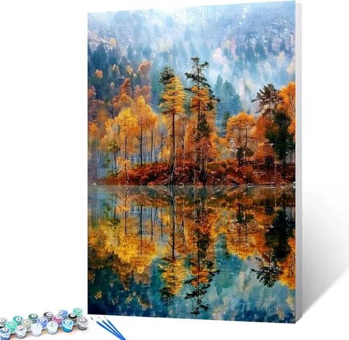 Pintura enmarcada con árbol del bosque amarillo por números para adultos, niños, principiantes, kit de pintura de río de montaña, 16 x 20 pulgadas,
