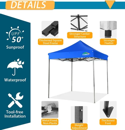 Miniatura 3 de COBIZI Toldo desplegable de 6.6 x 6.6 pies sin pared lateral, toldo resistente UPF 50+ para todas las estaciones, resistente al viento e Azul