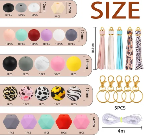Miniatura 2 de CZWZ Juego de 141 cuentas de silicona para hacer llaveros de 0.59 pulgadas, 0.47 pulgadas, redondas, 0.554 pulgadas, 0.555 pulgadas, cuentas sueltas