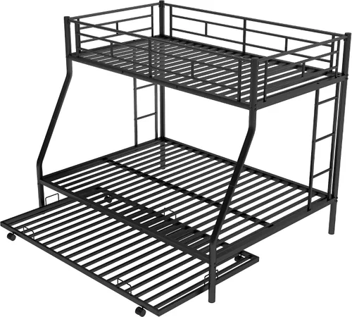 Miniatura 5 de Litera individual sobre cama matrimonial con nido, marco de cama de metal con escaleras de dos lados, no necesita caja de resortes, color negro