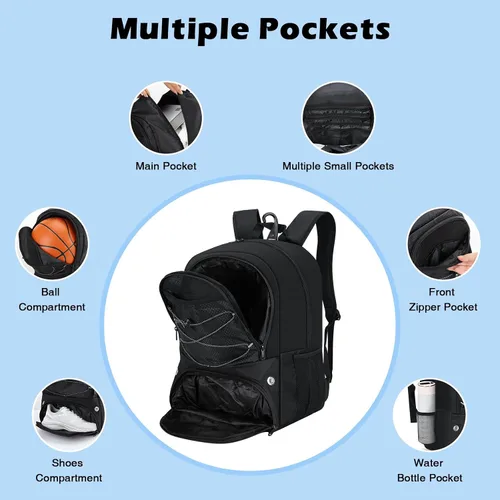 Miniatura 6 de MoKo Mochila de baloncesto con gancho, mochila grande de voleibol y fútbol, bolsa de gimnasio con compartimentos separados para pelotas y zapatos