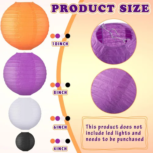 Miniatura 3 de VIHOSE 16 linternas de papel colgantes de Halloween, linternas de papel redondas, decorativas, naranja, morado, negro, blanco, para Halloween