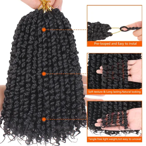 Miniatura 2 de ZRQ Paquete de 8 paquetes de cabello corto pretrenzado Bob Passion Twist con extremos rizados, 10 pulgadas, cabello negro preenrollado, 12