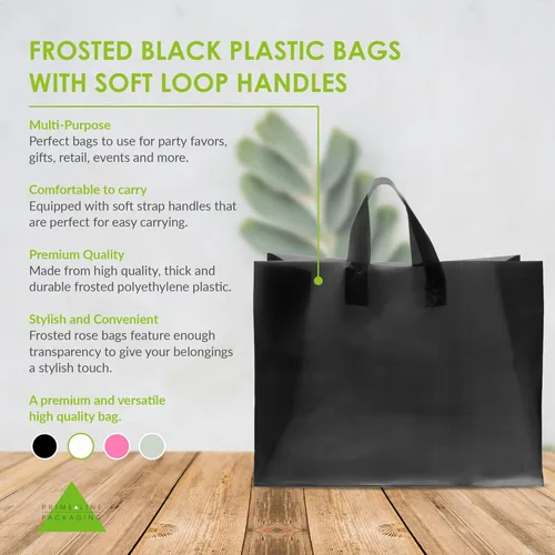 Miniatura 2 de Prime Line Packaging Bolsas de compras de plástico con asas para pequeñas empresas, bolsas negras esmeriladas, mercancía, venta al por menor