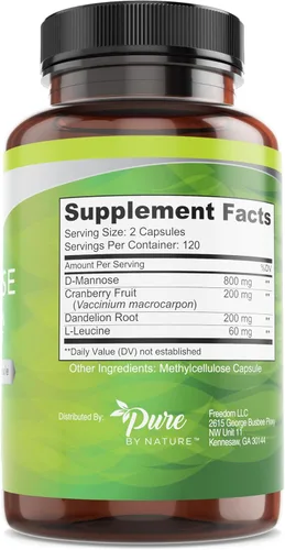 Miniatura 2 de Pure By Nature Cápsulas veganas de D-manosa de 600 mg con extracto de arándano y diente de león, apoyo para la salud del tracto urinario, impureza
