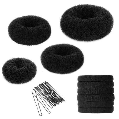 YaFex Kit para hacer moños, juego de accesorios para el cabello con forma de dona con tamaños grandes, medianos y pequeños, lazos elásticos y Negro