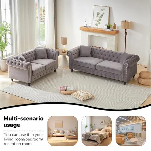 Miniatura 4 de Juego de 2 sofás Chesterfield de terciopelo de 85.5 pulgadas, 3 plazas + 63.5 pulgadas, sofá moderno con brazos enrollados y 2 cojines para sala