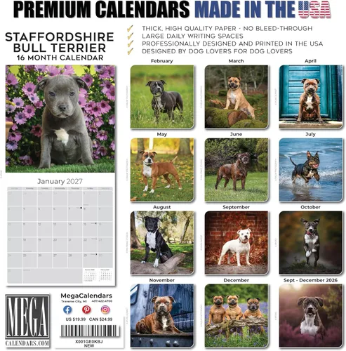 Miniatura 6 de Calendario 2025 2026 de Pitbull - Calendario de pared mensual de la raza de perro Staffordshire Bull Terrier - 12" x 24" abierto - Papel grueso sin