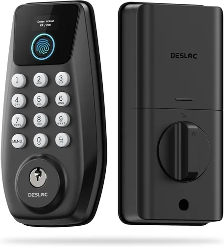 DESLOC C110 - Cerradura de puerta de entrada sin llave con huella dactilar, cerradura de pestillo inteligente para puerta principal con 2 llaves,