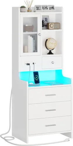 Miniatura 11 de ADORNEVE Mesita de noche alta con estación de carga y luces LED, mesita de noche de 49.2 pulgadas con estantería, mesita de noche negra con cajones