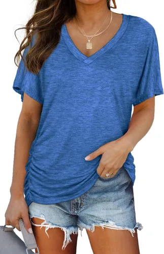 Miniatura 31 de WIHOLL - Camisetas de manga corta con cuello en V para mujer, holgadas, con fruncido lateral