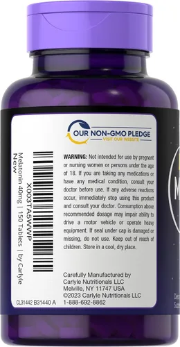Miniatura 4 de Carlyle Complejo de melatonina de 40 mg 150 tabletas de disolución rápida Soporte extra fuerte con ashwagandha y manzanilla Vegetariano, sin