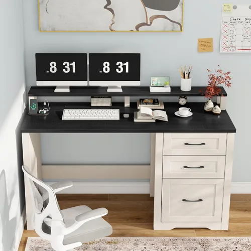 Miniatura 7 de Vabches 47" Farmhouse Executive Desk with Monitor Stand & File Cabinet,3 Drawers Computer Desk with LED Lights and Power Outlets,Workstation for
