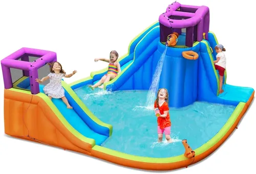 Miniatura 10 de HONEY JOY Tobogán acuático inflable, parque acuático gigante con porterías de fútbol para exteriores, piscina, escalada, toboganes acuáticos