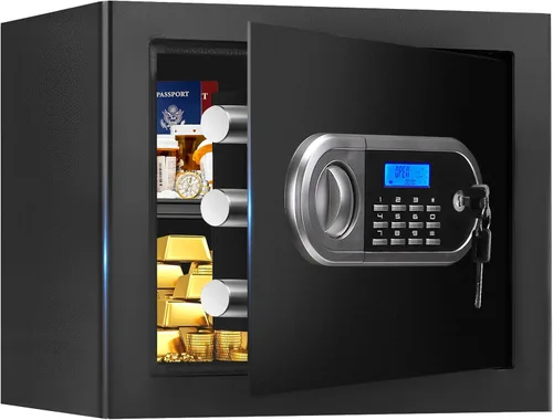 Miniatura 13 de Caja fuerte pequeña para uso doméstico, caja de seguridad digital con cerradura de combinación, estante extraíble y llaves de repuesto, caja fuerte