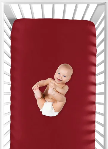 Miniatura 4 de Sweet Jojo Designs Sábana bajera ajustable para cuna para bebé o niño pequeño, color rojo sólido para colección deportiva de parche de béisbol