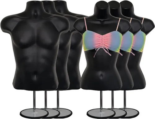 Miniatura 33 de Torso de maniquí masculino y femenino con soporte de metal, cuerpo hueco en la espalda, forma de vestido apilable para exhibición de camisetas, Gris
