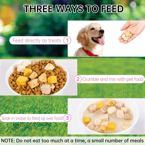 Miniatura 5 de Mezcla de carne liofilizada 5 en 1 para perros y gatos – Pollo, pato, salmón, yema de huevo e hígado, ingredientes naturales para mascotas, sin