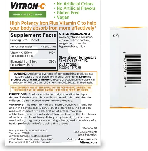 Miniatura 7 de Vitron-C Suplemento de hierro Plus tabletas recubiertas de vitamina C 60 unidades (paquete de 4)