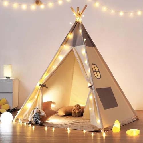 besrey - Tienda de campaña tipi para niños con luz y alfombra, tienda de campaña para jugar en interiores, casa de juegos, tienda tipi de algodón