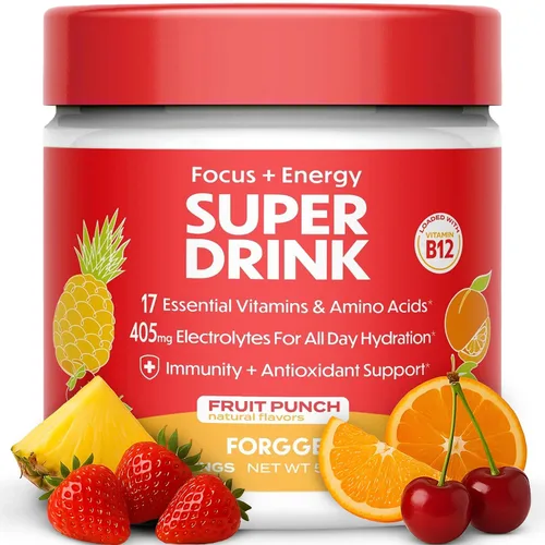 Forgge Polvo de Mezcla para Bebida Energética Saludable - Cafeína Limpia + Vitaminas B12, B6, C y D - Polvo de Bebida Energética sin Azúcar con