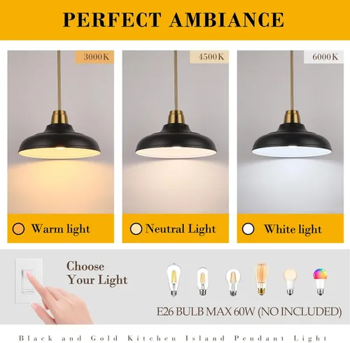 Miniatura 3 de Lámpara Colgante Negra y Dorada, Luminarias de Lámparas Colgantes Negras Mate de 12 pulgadas, Varilla Ajustable Dorada, Iluminación Colgante