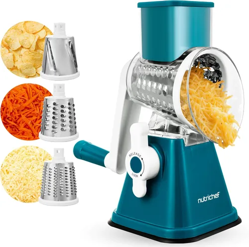 Nutrichef Rallador y Triturador de Queso 3 en 1 | Base de Succión Fuerte, Mango Giratorio con Seguro de Seguridad | Incluye Manivela Manual y 3