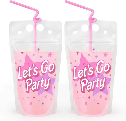 xo, Fetti Let's Go Party - Bolsas de bebida rosadas – 16 unidades | Fiesta de cumpleaños rosa, vasos de despedida de soltera, lindas tazas de fiesta