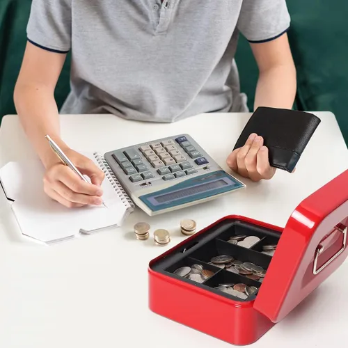 Miniatura 6 de Caja de dinero pequeña con bandeja de dinero y cerradura, caja de dinero de metal para efectivo, caja de seguridad de 7.87 x 6.3 x 3.54 pulgadas