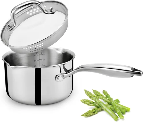Miniatura 8 de Cyrosa Cacerola de 2.0 cuartos de galón con tapa, olla de acero inoxidable con tapa de colador, dos boquillas laterales para verter fácilmente