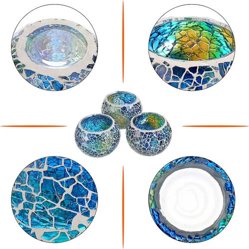 Miniatura 4 de OwnMy Juego de 3 portavelas de té de vidrio de mosaico azul, cuenco redondo, portavelas votivas, candelabros de mosaico de vidrio, candelitas