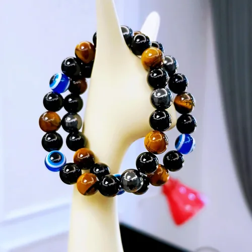Miniatura 75 de Pulseras de triple protección con piedra de ojo de tigre de obsidiana negra con hematita para hombres y mujeres, pulsera de piedra curativa